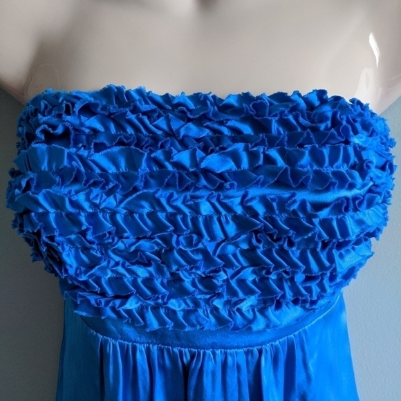 💋 Vintage BETSEY JOHNSON blue frilly babydoll strapless dress xs 0 satin - Picture 5 of 9
